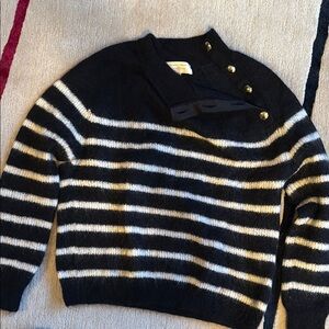 Elegant Dark Navy and White Striped Sweater with Gold Buttons